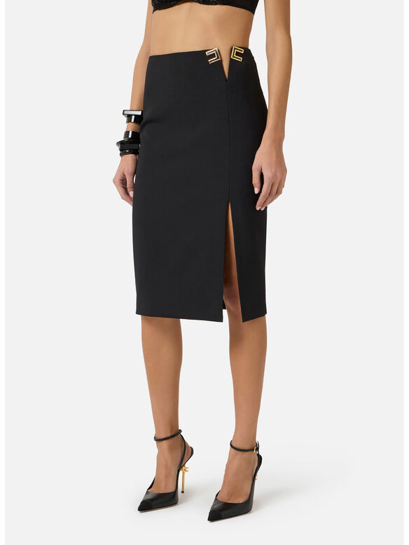 GONNA IN DOPPIO CR&Ecirc;PE STRETCH CON DETTAGLI LOGO, 110 NERO, medium