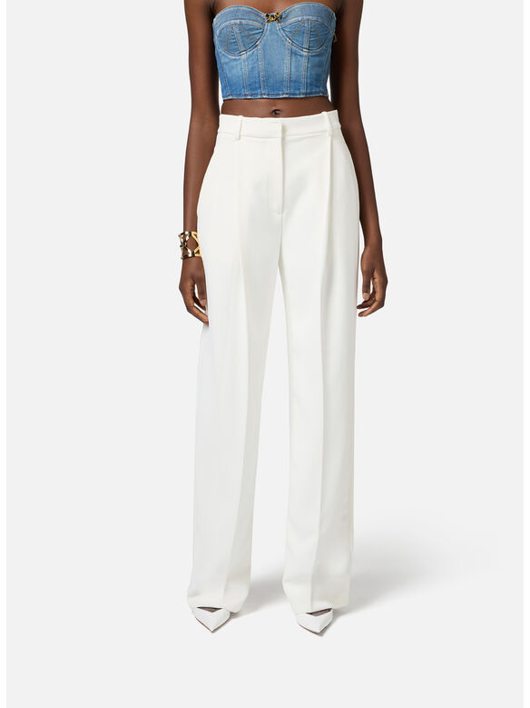 PANTALONE IN CRÊPE CON DETTAGLI IN RASO, 360 AVORIO, medium