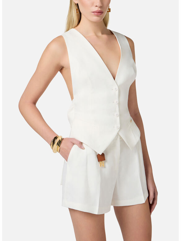 GILET IN GABARDINA DI MISTO LINO, 360 AVORIO, medium