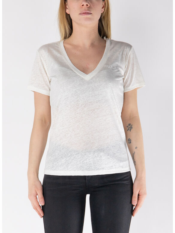 T-SHIRT ELOISE CON SCOLLO A V IN JERSEY DI LINO, 01579H 10 EMB, medium
