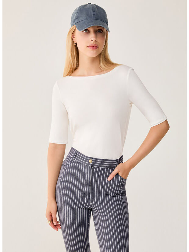 T-SHIRT CON SCOLLO A BARCHETTA, 001 AVORIO, large