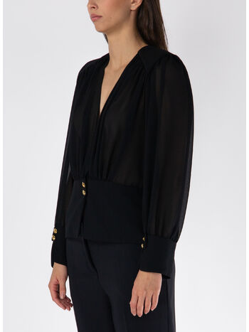 BLUSA IN GEORGETTE CON BASCHINA, 110 NERO, small