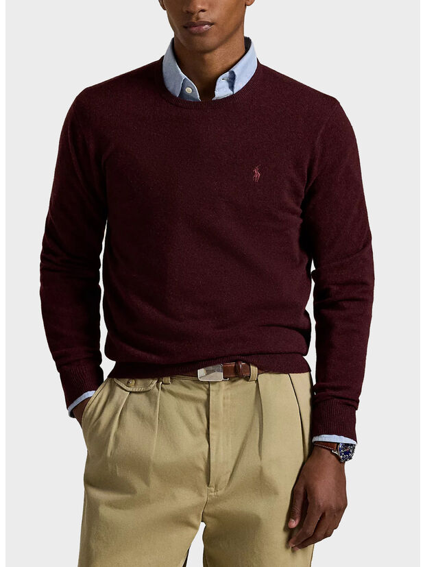 MAGLIONE GIROCOLLO IN LANA CON LOGO RICAMATO, AGED WINE HEATHER, large
