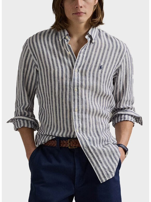 CAMICIA IN LINO A RGHE CON LOGO RICAMATO, NAVY/WHITE, medium