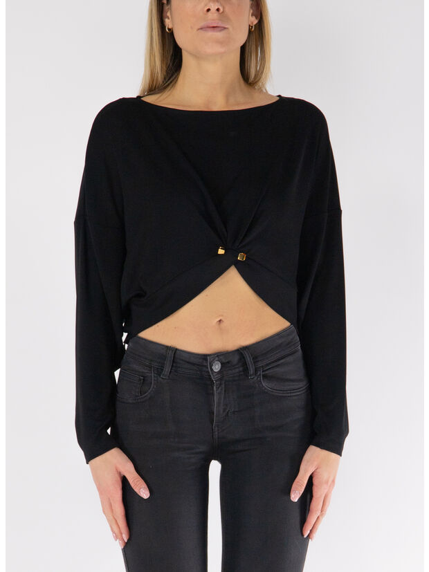 T-SHIRT IN JERSEY CRÊPE CON PIERCING, 110 NERO, large