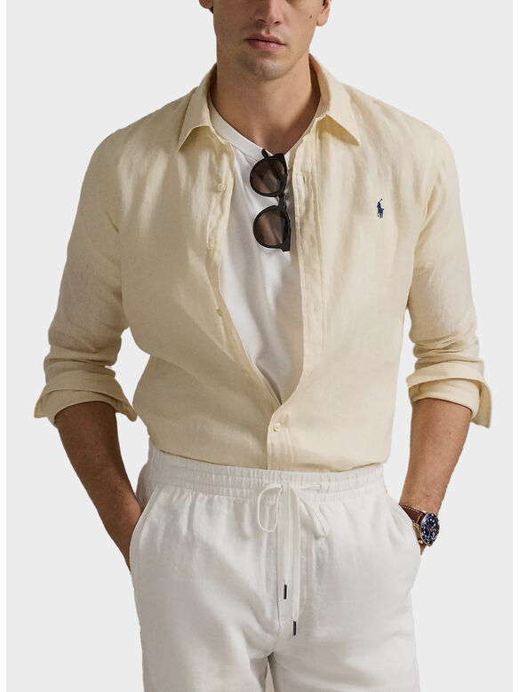CAMICIA IN LINO CON LOGO RICAMATO, FULL CREAM, medium